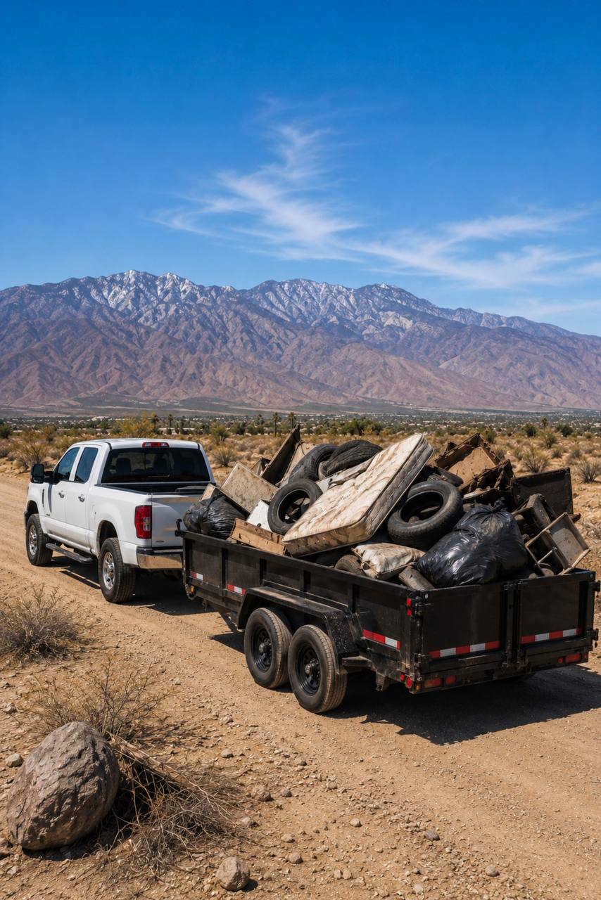 A pickup truck and trailer loaded with discarded tires and other waste in a desert landscape.