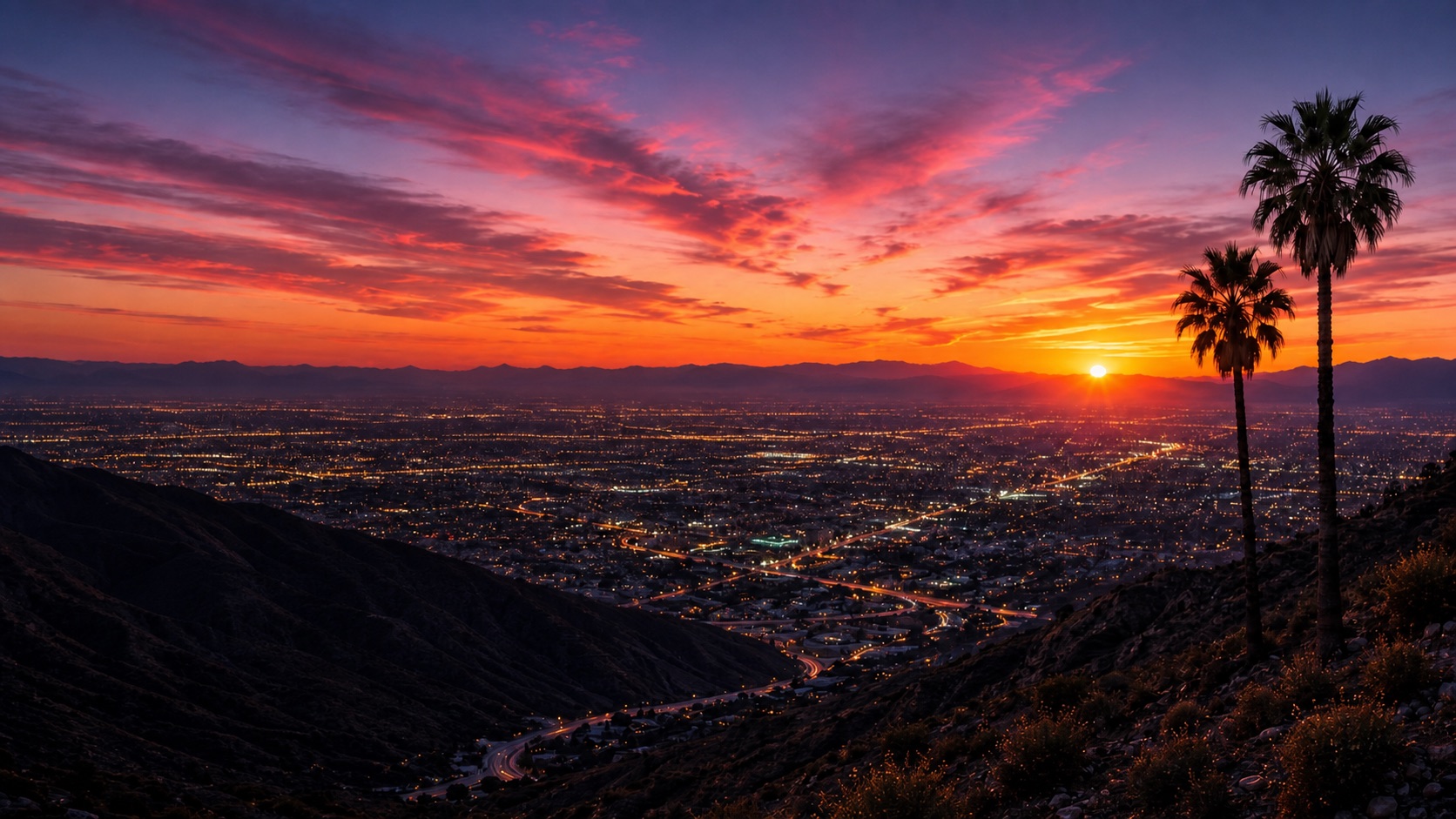 Sunset over a desert valley, mountain ridges and palm trees.